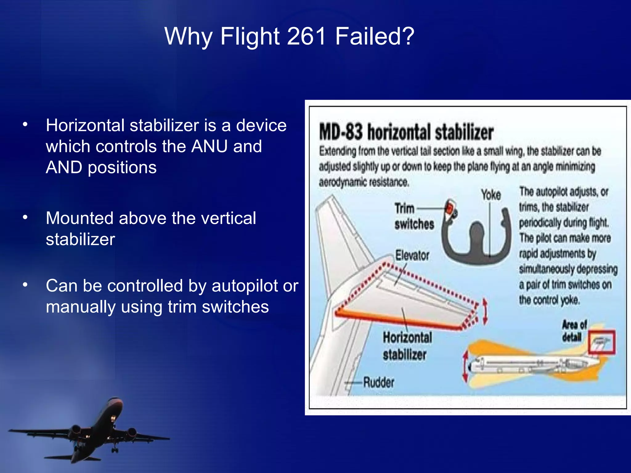 Why Flight 261 Failed? Horizontal stabilizer is a device which controls the ANU and AND positions Mounted above the vertical stabilizer Can be controlled by autopilot or manually using trim switches 