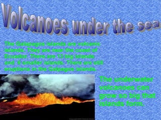 The Galapagos islands are volcanic
islands. They are near the coast of
Ecuador. There are 13 big islands
and 6 smaller islands. There are still
eruptions in the Galpagos islands.
                                    The underwater
                                    volcanoes can
                                    grow so big that
                                    islands form.
 
