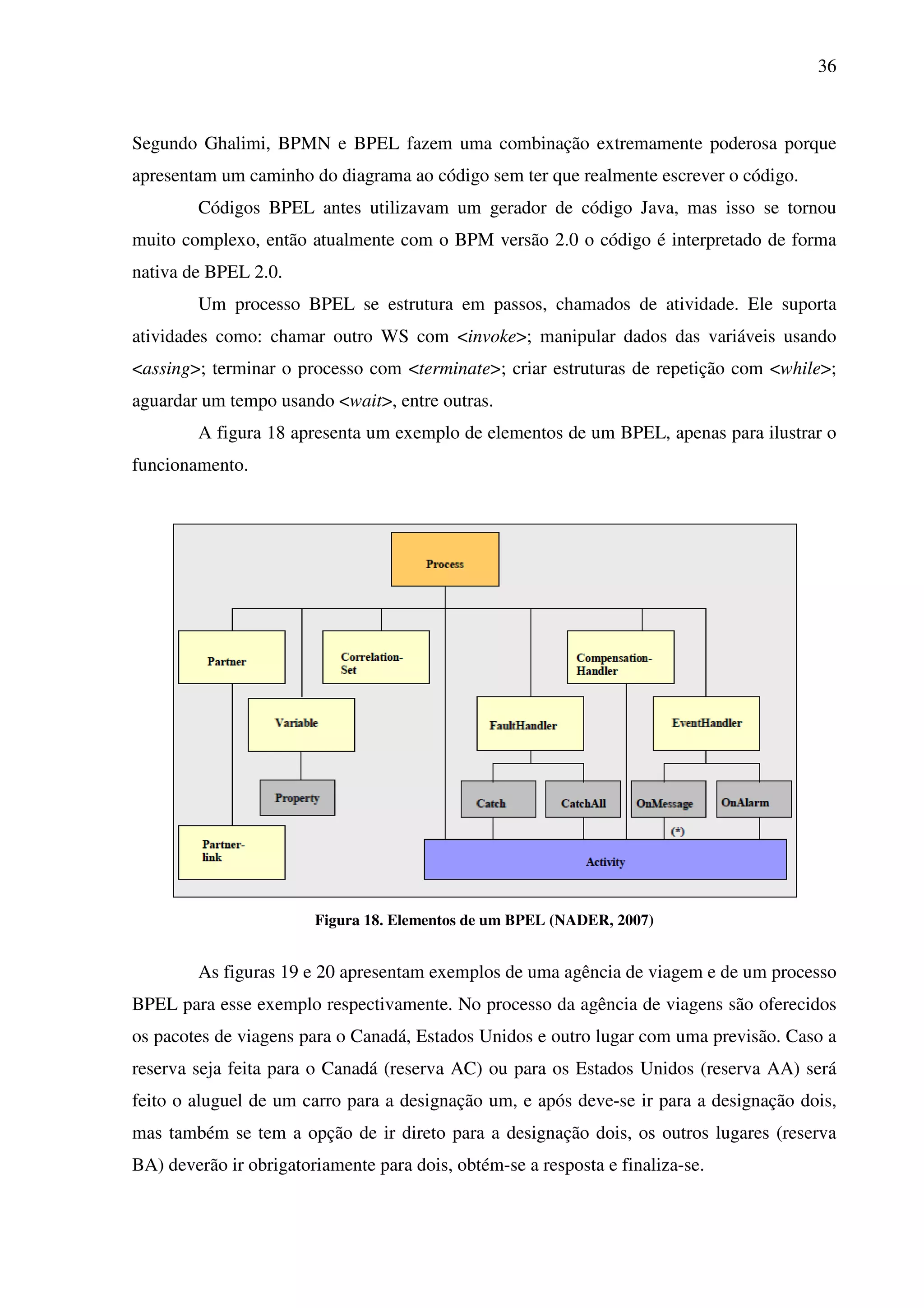 36
Segundo Ghalimi, BPMN e BPEL fazem uma combinação extremamente poderosa porque
apresentam um caminho do diagrama ao código sem ter que realmente escrever o código.
Códigos BPEL antes utilizavam um gerador de código Java, mas isso se tornou
muito complexo, então atualmente com o BPM versão 2.0 o código é interpretado de forma
nativa de BPEL 2.0.
Um processo BPEL se estrutura em passos, chamados de atividade. Ele suporta
atividades como: chamar outro WS com <invoke>; manipular dados das variáveis usando
<assing>; terminar o processo com <terminate>; criar estruturas de repetição com <while>;
aguardar um tempo usando <wait>, entre outras.
A figura 18 apresenta um exemplo de elementos de um BPEL, apenas para ilustrar o
funcionamento.
Figura 18. Elementos de um BPEL (NADER, 2007)
As figuras 19 e 20 apresentam exemplos de uma agência de viagem e de um processo
BPEL para esse exemplo respectivamente. No processo da agência de viagens são oferecidos
os pacotes de viagens para o Canadá, Estados Unidos e outro lugar com uma previsão. Caso a
reserva seja feita para o Canadá (reserva AC) ou para os Estados Unidos (reserva AA) será
feito o aluguel de um carro para a designação um, e após deve-se ir para a designação dois,
mas também se tem a opção de ir direto para a designação dois, os outros lugares (reserva
BA) deverão ir obrigatoriamente para dois, obtém-se a resposta e finaliza-se.
 