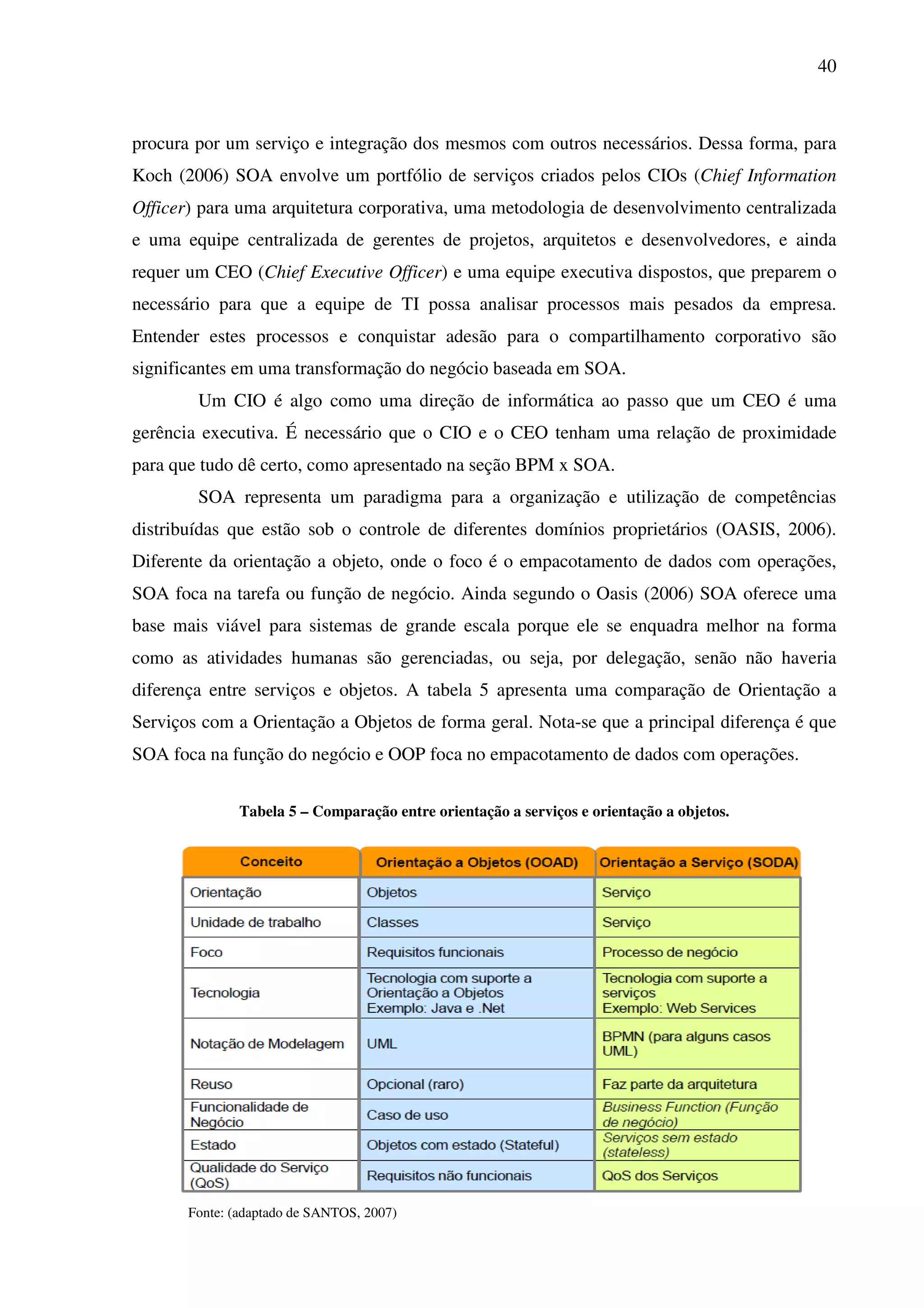 40
procura por um serviço e integração dos mesmos com outros necessários. Dessa forma, para
Koch (2006) SOA envolve um portfólio de serviços criados pelos CIOs (Chief Information
Officer) para uma arquitetura corporativa, uma metodologia de desenvolvimento centralizada
e uma equipe centralizada de gerentes de projetos, arquitetos e desenvolvedores, e ainda
requer um CEO (Chief Executive Officer) e uma equipe executiva dispostos, que preparem o
necessário para que a equipe de TI possa analisar processos mais pesados da empresa.
Entender estes processos e conquistar adesão para o compartilhamento corporativo são
significantes em uma transformação do negócio baseada em SOA.
Um CIO é algo como uma direção de informática ao passo que um CEO é uma
gerência executiva. É necessário que o CIO e o CEO tenham uma relação de proximidade
para que tudo dê certo, como apresentado na seção BPM x SOA.
SOA representa um paradigma para a organização e utilização de competências
distribuídas que estão sob o controle de diferentes domínios proprietários (OASIS, 2006).
Diferente da orientação a objeto, onde o foco é o empacotamento de dados com operações,
SOA foca na tarefa ou função de negócio. Ainda segundo o Oasis (2006) SOA oferece uma
base mais viável para sistemas de grande escala porque ele se enquadra melhor na forma
como as atividades humanas são gerenciadas, ou seja, por delegação, senão não haveria
diferença entre serviços e objetos. A tabela 5 apresenta uma comparação de Orientação a
Serviços com a Orientação a Objetos de forma geral. Nota-se que a principal diferença é que
SOA foca na função do negócio e OOP foca no empacotamento de dados com operações.
Tabela 5 – Comparação entre orientação a serviços e orientação a objetos.
Fonte: (adaptado de SANTOS, 2007)
 