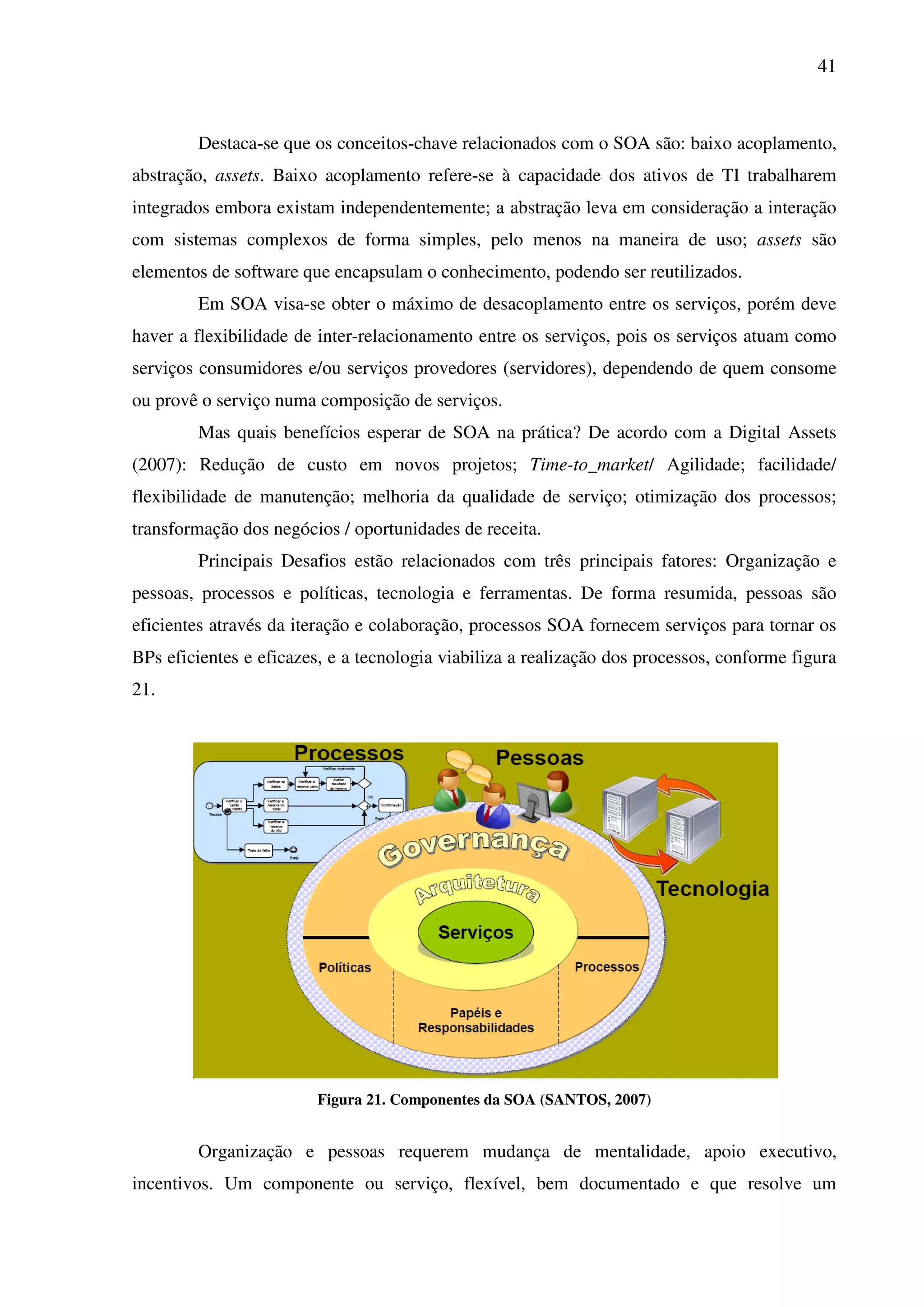 41
Destaca-se que os conceitos-chave relacionados com o SOA são: baixo acoplamento,
abstração, assets. Baixo acoplamento refere-se à capacidade dos ativos de TI trabalharem
integrados embora existam independentemente; a abstração leva em consideração a interação
com sistemas complexos de forma simples, pelo menos na maneira de uso; assets são
elementos de software que encapsulam o conhecimento, podendo ser reutilizados.
Em SOA visa-se obter o máximo de desacoplamento entre os serviços, porém deve
haver a flexibilidade de inter-relacionamento entre os serviços, pois os serviços atuam como
serviços consumidores e/ou serviços provedores (servidores), dependendo de quem consome
ou provê o serviço numa composição de serviços.
Mas quais benefícios esperar de SOA na prática? De acordo com a Digital Assets
(2007): Redução de custo em novos projetos; Time-to_market/ Agilidade; facilidade/
flexibilidade de manutenção; melhoria da qualidade de serviço; otimização dos processos;
transformação dos negócios / oportunidades de receita.
Principais Desafios estão relacionados com três principais fatores: Organização e
pessoas, processos e políticas, tecnologia e ferramentas. De forma resumida, pessoas são
eficientes através da iteração e colaboração, processos SOA fornecem serviços para tornar os
BPs eficientes e eficazes, e a tecnologia viabiliza a realização dos processos, conforme figura
21.
Figura 21. Componentes da SOA (SANTOS, 2007)
Organização e pessoas requerem mudança de mentalidade, apoio executivo,
incentivos. Um componente ou serviço, flexível, bem documentado e que resolve um
 