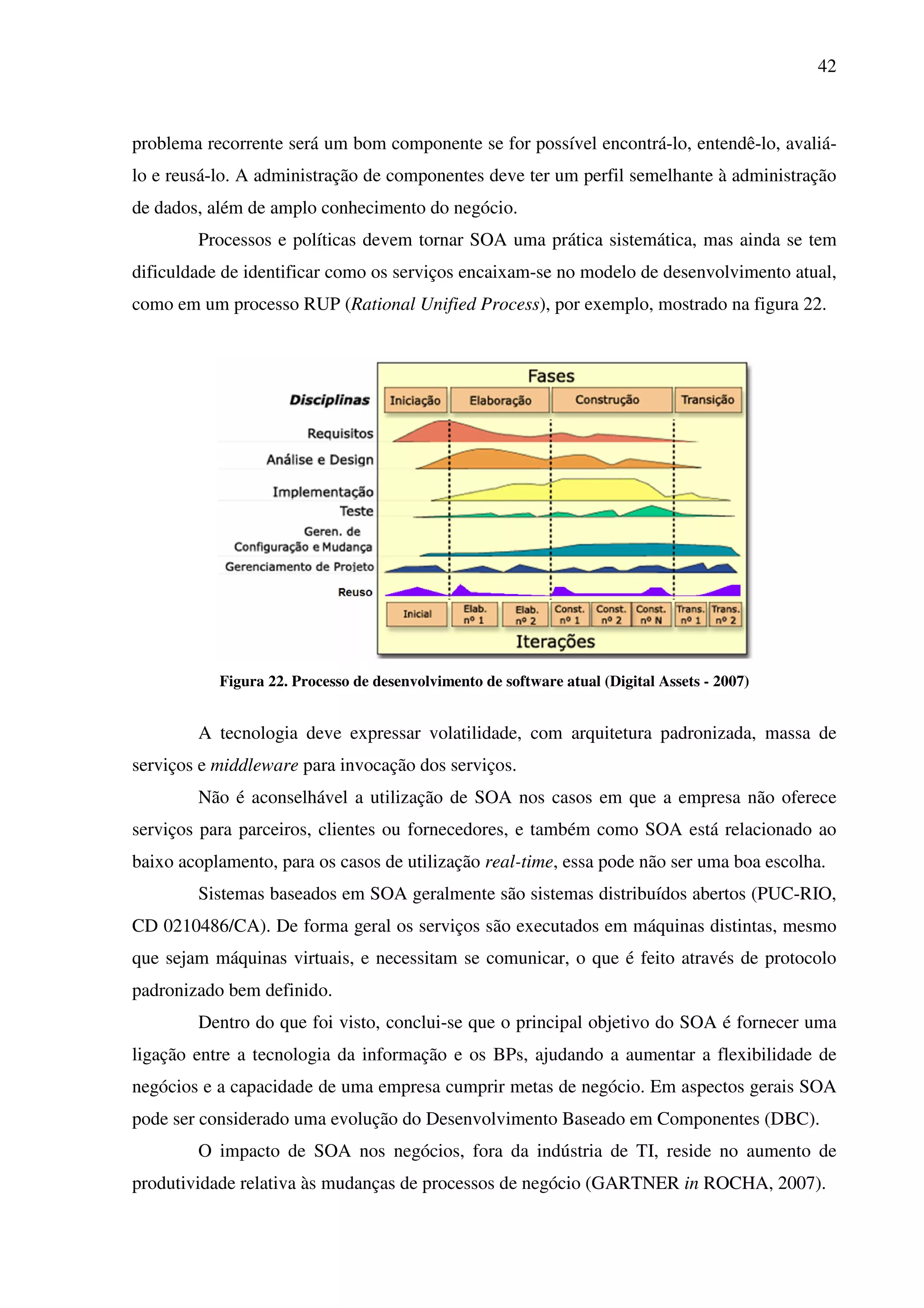 problema recorrente será um bom componente se for possível encontrá
lo e reusá-lo. A administração de componentes deve ter um perfil semelhante à administração
de dados, além de amplo conhecimento d
Processos e políticas devem torna
dificuldade de identificar como
como em um processo RUP
Figura 22. Processo de desenvolvimento de software atual (Digital Assets
A tecnologia deve expressar volatilidade, com arquitetura padronizada, massa de
serviços e middleware para invocação dos serviços.
Não é aconselhável a utilização de SOA nos casos em que a empresa não oferece
serviços para parceiros, clientes ou fornecedores, e também como SOA está relacionado ao
baixo acoplamento, para os casos de utilização
Sistemas baseados em SOA geralmente são sistemas distribuídos abertos (PUC
CD 0210486/CA). De forma geral os serviços são executados em máquinas distintas, mesmo
que sejam máquinas virtuais, e necessitam se comunicar, o que é feito através de prot
padronizado bem definido.
Dentro do que foi visto, conclui
ligação entre a tecnologia da informação e os BPs, ajudando a aumentar a flexibilidade de
negócios e a capacidade de uma empresa cumprir meta
pode ser considerado uma evolução do Desenvolvimento Baseado em Componentes (DBC).
O impacto de SOA nos negócios, fora da indústria de TI, reside no aumento de
produtividade relativa às mudanças de processos de negócio
recorrente será um bom componente se for possível encontrá-
lo. A administração de componentes deve ter um perfil semelhante à administração
de dados, além de amplo conhecimento do negócio.
Processos e políticas devem tornar SOA uma prática sistemática,
dificuldade de identificar como os serviços encaixam-se no modelo de desenvolvimento atual
RUP (Rational Unified Process), por exemplo, mostrado na figura 22
Processo de desenvolvimento de software atual (Digital Assets
A tecnologia deve expressar volatilidade, com arquitetura padronizada, massa de
para invocação dos serviços.
Não é aconselhável a utilização de SOA nos casos em que a empresa não oferece
serviços para parceiros, clientes ou fornecedores, e também como SOA está relacionado ao
baixo acoplamento, para os casos de utilização real-time, essa pode não ser uma boa escol
Sistemas baseados em SOA geralmente são sistemas distribuídos abertos (PUC
CD 0210486/CA). De forma geral os serviços são executados em máquinas distintas, mesmo
que sejam máquinas virtuais, e necessitam se comunicar, o que é feito através de prot
Dentro do que foi visto, conclui-se que o principal objetivo do SOA é fornecer uma
ligação entre a tecnologia da informação e os BPs, ajudando a aumentar a flexibilidade de
negócios e a capacidade de uma empresa cumprir metas de negócio. Em aspectos gerais SOA
pode ser considerado uma evolução do Desenvolvimento Baseado em Componentes (DBC).
O impacto de SOA nos negócios, fora da indústria de TI, reside no aumento de
produtividade relativa às mudanças de processos de negócio (GARTNER
42
-lo, entendê-lo, avaliá-
lo. A administração de componentes deve ter um perfil semelhante à administração
r SOA uma prática sistemática, mas ainda se tem
se no modelo de desenvolvimento atual,
mostrado na figura 22.
Processo de desenvolvimento de software atual (Digital Assets - 2007)
A tecnologia deve expressar volatilidade, com arquitetura padronizada, massa de
Não é aconselhável a utilização de SOA nos casos em que a empresa não oferece
serviços para parceiros, clientes ou fornecedores, e também como SOA está relacionado ao
, essa pode não ser uma boa escolha.
Sistemas baseados em SOA geralmente são sistemas distribuídos abertos (PUC-RIO,
CD 0210486/CA). De forma geral os serviços são executados em máquinas distintas, mesmo
que sejam máquinas virtuais, e necessitam se comunicar, o que é feito através de protocolo
se que o principal objetivo do SOA é fornecer uma
ligação entre a tecnologia da informação e os BPs, ajudando a aumentar a flexibilidade de
Em aspectos gerais SOA
pode ser considerado uma evolução do Desenvolvimento Baseado em Componentes (DBC).
O impacto de SOA nos negócios, fora da indústria de TI, reside no aumento de
(GARTNER in ROCHA, 2007).
 