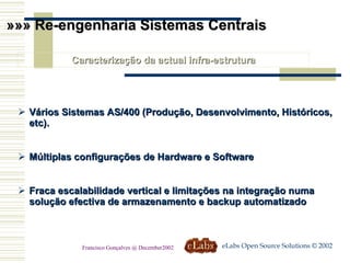 »»» Re-engenharia Sistemas Centrais Caracterização da actual infra-estrutura Vários Sistemas AS/400 (Produção, Desenvolvimento, Históricos, etc). Múltiplas configurações de Hardware e Software Fraca escalabilidade vertical e limitações na integração numa solução efectiva de armazenamento e backup automatizado eLabs Open Source Solutions © 2002 Francisco Gonçalves @ December2002 