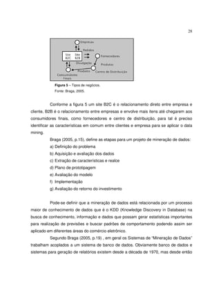 28
Figura 5 – Tipos de negócios.
Fonte: Braga, 2005.
Conforme a figura 5 um site B2C é o relacionamento direto entre empresa e
cliente, B2B é o relacionamento entre empresas e envolve mais itens até chegarem aos
consumidores finais, como fornecedores e centro de distribuição, para tal é preciso
identificar as características em comum entre clientes e empresa para se aplicar o data
mining.
Braga (2005, p.15), define as etapas para um projeto de mineração de dados:
a) Definição do problema
b) Aquisição e avaliação dos dados
c) Extração de características e realce
d) Plano de prototipagem
e) Avaliação do modelo
f) Implementação
g) Avaliação do retorno do investimento
Pode-se definir que a mineração de dados está relacionada por um processo
maior de conhecimento de dados que é o KDD (Knowledge Discovery in Database) na
busca de conhecimento, informação e dados que possam gerar estatísticas importantes
para realização de previsões e buscar padrões de comportamento podendo assim ser
aplicado em diferentes áreas do comércio eletrônico.
Segundo Braga (2005, p.19) , em geral os Sistemas de “Mineração de Dados”
trabalham acoplados a um sistema de banco de dados. Obviamente banco de dados e
sistemas para geração de relatórios existem desde a década de 1970, mas desde então
 