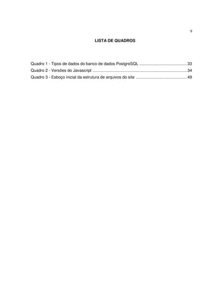 9
LISTA DE QUADROS
Quadro 1 - Tipos de dados do banco de dados PostgreSQL ..........................................33
Quadro 2 - Versões do Javascript ...................................................................................34
Quadro 3 - Esboço inicial da estrutura de arquivos do site .............................................49
 