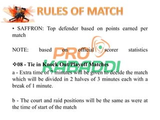 • SAFFRON: Top defender based on points earned per 
match 
NOTE: based on official scorer statistics 
08 - Tie in Knock Out/Playoff Matches 
a - Extra time of 7 minutes will be given to decide the match 
which will be divided in 2 halves of 3 minutes each with a 
break of 1 minute. 
b - The court and raid positions will be the same as were at 
the time of start of the match 
 