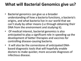 What will Bacterial Genomics give us?

• Bacterial genomics can give us a broader
  understanding of how a bacteria functions, a bacteria's
  origins, and what bacteria live in our world that we
  can't study by other means (i.e through obtaining their
  DNA from the environment and studying it).
• Of medical interest, bacterial genomics is also
  anticipated to play a significant role in speeding up the
  development of better therapies and vaccines for
  controlling disease-causing bacteria.
• It will also be the cornerstone of anticipated DNA-
  based diagnostic tools that will hopefully enable
  doctors to make quicker, more accurate diagnoses of
  infectious disease.
 