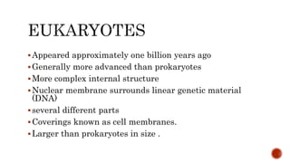 Appeared approximately one billion years ago
Generally more advanced than prokaryotes
More complex internal structure
Nuclear membrane surrounds linear genetic material
(DNA)
several different parts
Coverings known as cell membranes.
Larger than prokaryotes in size .
 