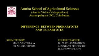 Amrita School of Agricultural Sciences
(Amrita Vishwa Vidyapeetham)
Arasampalayam (PO), Coimbatore.
DIFFERENCE BETWEEN PROKARYOTES
AND EUKARYOTES
SUBMITTED BY,
MANUVANTHRA .A
CB.AG.U4AGR19036
COURSE TEACHER:
Dr. PARTHASARATHY S
ASSISTANT PROFESSOR
PLANT PATHOLOGY
 