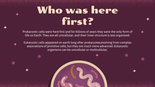 Who was here
first?
Prokaryotic cells were here first and for billions of years they were the only form of
life on Earth. They are all unicellular, and their inner structure is less organized.
Eukaryotic cells appeared on earth long after prokaryotes,evolving from complex
associations of primitive cells, but they are much more advanced. Eukaryotic
organisms can be unicellular or multicellular.
 