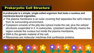 Prokaryotic Cell Structure
A prokaryote is a simple, single-celled organism that lacks a nucleus and
membrane-bound organelles.
✔ The plasma membrane is an outer covering that separates the cell’s interior
from its surrounding environment.
✔ Cytoplasm consists of the jelly-like cytosol inside the cell, plus the cellular
structures suspended in it. In eukaryotes, cytoplasm specifically means the
region outside the nucleus but inside the plasma membrane.
✔ DNA is the genetic material of the cell.
✔ Ribosomes are molecular machines that synthesize proteins.
 