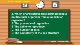 E. EVALUATING LEARNING
E. EVALUATING LEARNING
E. EVALUATING LEARNING
3. Which characteristic best distinguishes a
multicellular organism from a unicellular
organism?
A.The presence of organelles
B.The ability to reproduce
C.The number of cells
D.The complexity of the cell structure
 