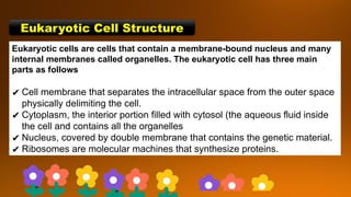 Eukaryotic Cell Structure
Eukaryotic cells are cells that contain a membrane-bound nucleus and many
internal membranes called organelles. The eukaryotic cell has three main
parts as follows
✔ Cell membrane that separates the intracellular space from the outer space
physically delimiting the cell.
✔ Cytoplasm, the interior portion filled with cytosol (the aqueous fluid inside
the cell and contains all the organelles
✔ Nucleus, covered by double membrane that contains the genetic material.
✔ Ribosomes are molecular machines that synthesize proteins.
 