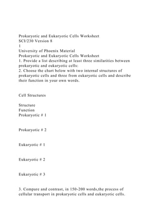Prokaryotic and Eukaryotic Cells Worksheet
SCI/230 Version 8
1
University of Phoenix Material
Prokaryotic and Eukaryotic Cells Worksheet
1. Provide a list describing at least three similarities between
prokaryotic and eukaryotic cells:
2. Choose the chart below with two internal structures of
prokaryotic cells and three from eukaryotic cells and describe
their function in your own words.
Cell Structures
Structure
Function
Prokaryotic # 1
Prokaryotic # 2
Eukaryotic # 1
Eukaryotic # 2
Eukaryotic # 3
3. Compare and contrast, in 150-200 words,the process of
cellular transport in prokaryotic cells and eukaryotic cells.
 