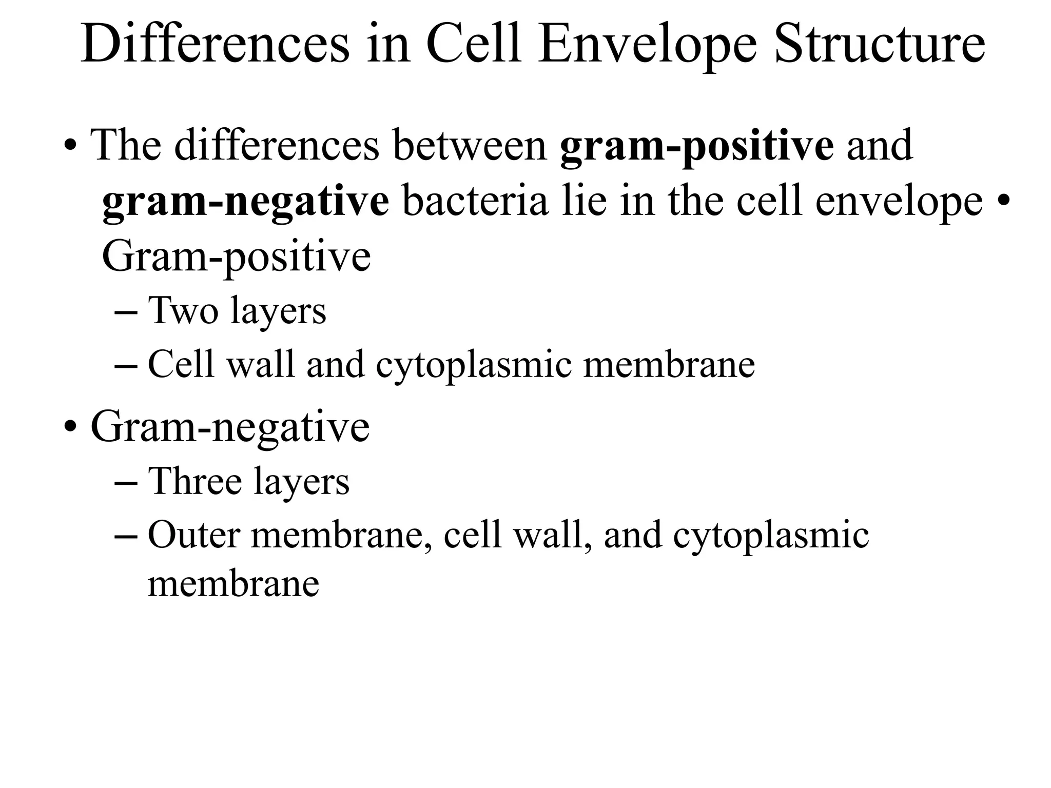 Differences in Cell Envelope Structure
• The differences between gram-positive and
gram-negative bacteria lie in the cell envelope •
Gram-positive
– Two layers
– Cell wall and cytoplasmic membrane
• Gram-negative
– Three layers
– Outer membrane, cell wall, and cytoplasmic
membrane
 