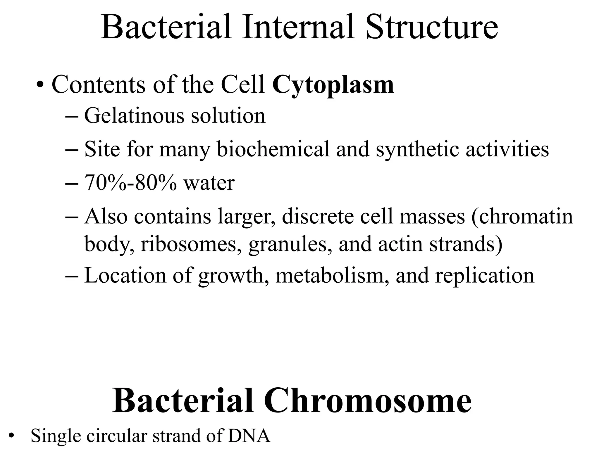 Bacterial Internal Structure
• Contents of the Cell Cytoplasm
– Gelatinous solution
– Site for many biochemical and synthetic activities
– 70%-80% water
– Also contains larger, discrete cell masses (chromatin
body, ribosomes, granules, and actin strands)
– Location of growth, metabolism, and replication
Bacterial Chromosome
• Single circular strand of DNA
 