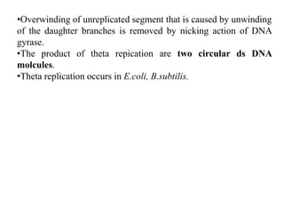 •Overwinding of unreplicated segment that is caused by unwinding
of the daughter branches is removed by nicking action of DNA
gyrase.
•The product of theta repication are two circular ds DNA
molcules.
•Theta replication occurs in E.coli, B.subtilis.
 