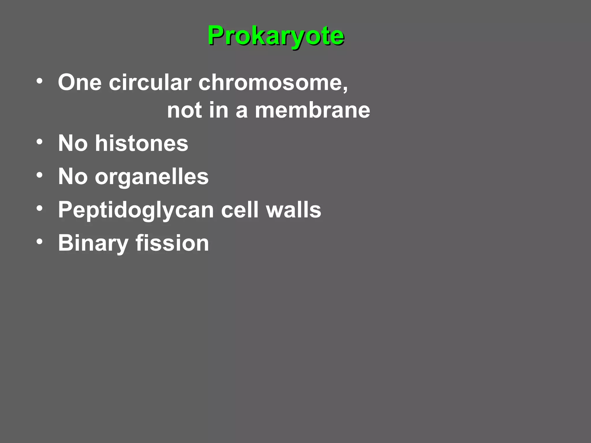 Prokaryote
• One circular chromosome,
            not in a membrane
• No histones
• No organelles
• Peptidoglycan cell walls
• Binary fission
 