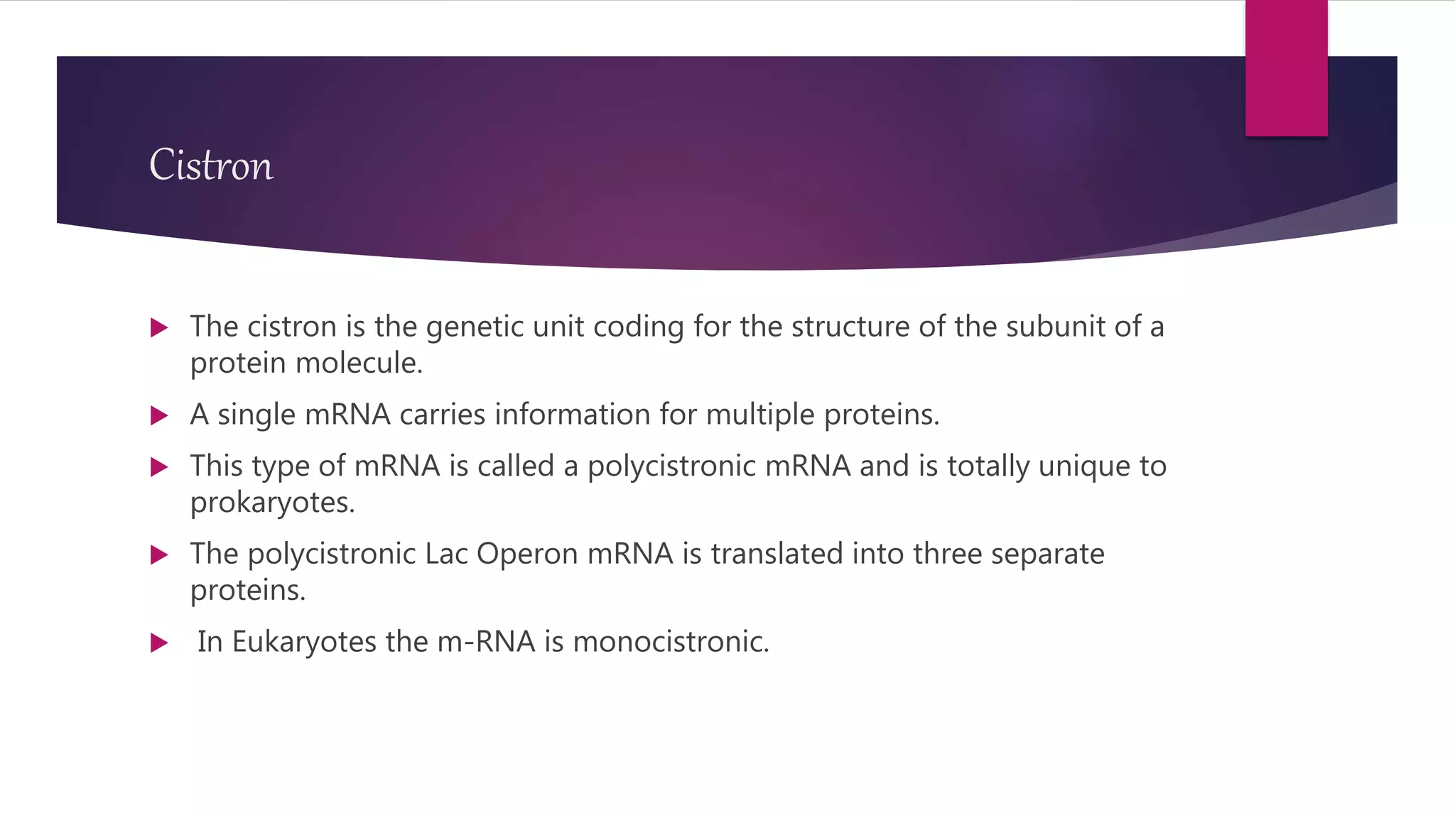 Cistron
 The cistron is the genetic unit coding for the structure of the subunit of a
protein molecule.
 A single mRNA carries information for multiple proteins.
 This type of mRNA is called a polycistronic mRNA and is totally unique to
prokaryotes.
 The polycistronic Lac Operon mRNA is translated into three separate
proteins.
 In Eukaryotes the m-RNA is monocistronic.
 