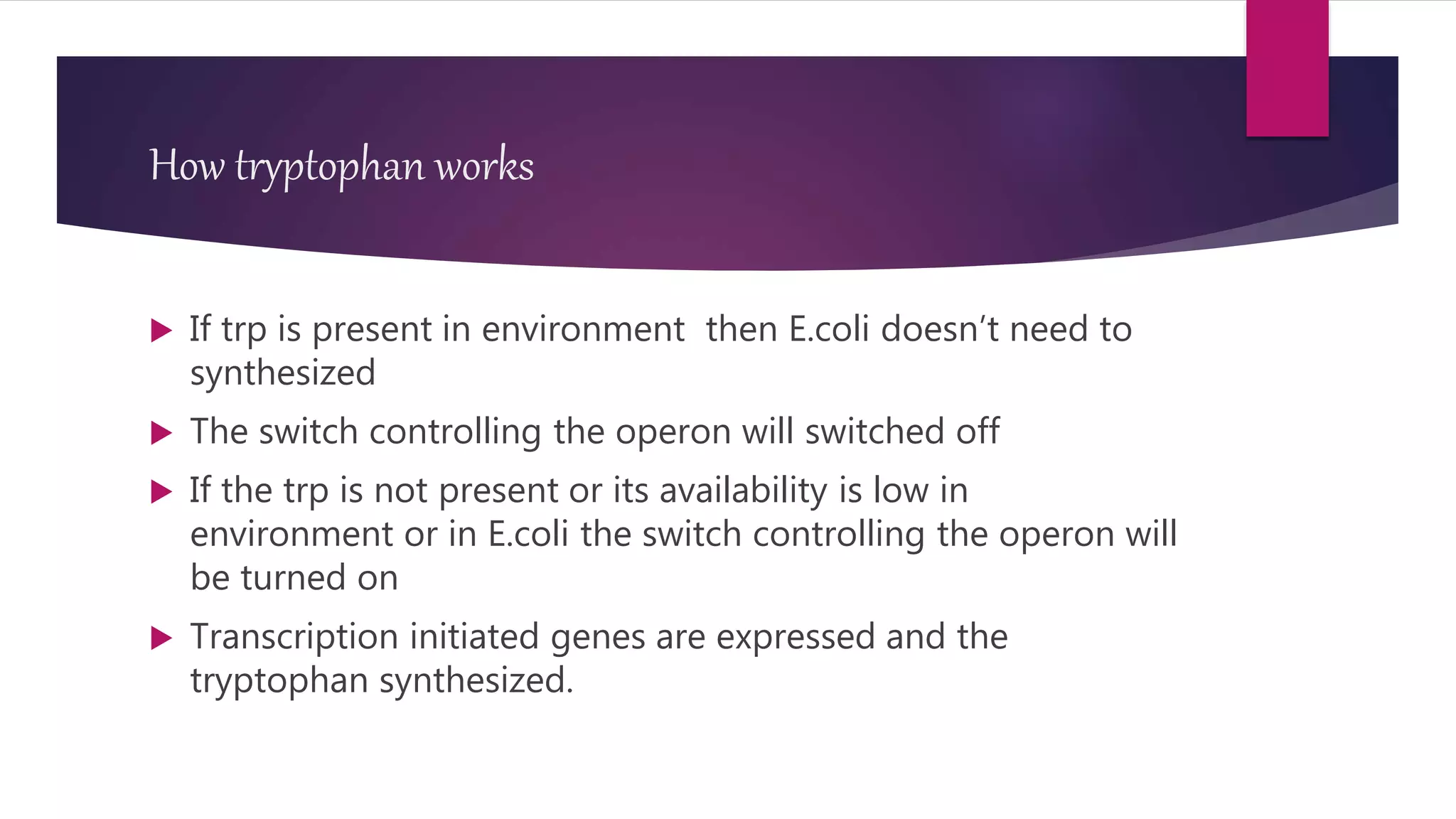How tryptophan works
 If trp is present in environment then E.coli doesn’t need to
synthesized
 The switch controlling the operon will switched off
 If the trp is not present or its availability is low in
environment or in E.coli the switch controlling the operon will
be turned on
 Transcription initiated genes are expressed and the
tryptophan synthesized.
 