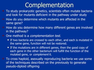 Complementation To study prokaryotic genetics, scientists often mutate bacteria and look for mutants deficient in the pathway under study How do you determine which mutants are affected in the same gene? How do you determine how many different genes are involved in the pathway?  One method is a  complementation test .  If two bacteria are crossed to each other, and each is mutated in the same gene, function will not be restored.  If the mutations are in different genes, then the good copy of each gene in the other bacterium will fulfill the function of the mutated gene, or  complement  it.  To cross haploid, asexually reproducing bacteria we use some of the techniques described on the previously to generate pseudo-diploid offspring 