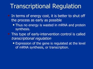 Transcriptional Regulation In terms of energy cost, it is better to shut off the process as early as possible Thus no energy is wasted in mRNA and protein synthesis.  This type of early-intervention control is called  transcriptional regulation  Expression of the gene is regulated at the level of mRNA synthesis, or transcription. 