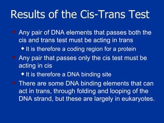 Results of the Cis-Trans Test Any pair of DNA elements that passes both the cis and trans test must be acting in trans  It is therefore a coding region for a protein  Any pair that passes only the cis test must be acting in cis  It is therefore a DNA binding site  There are some DNA binding elements that can act in trans, through folding and looping of the DNA strand, but these are largely in eukaryotes.  