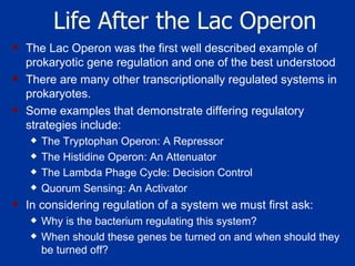 Life After the Lac Operon The Lac Operon was the first well described example of prokaryotic gene regulation and one of the best understood There are many other transcriptionally regulated systems in prokaryotes.  Some examples that demonstrate differing regulatory strategies include: The Tryptophan Operon: A Repressor The Histidine Operon: An Attenuator The Lambda Phage Cycle: Decision Control Quorum Sensing: An Activator In considering regulation of a system we must first ask: Why is the bacterium regulating this system?  When should these genes be turned on and when should they be turned off?  