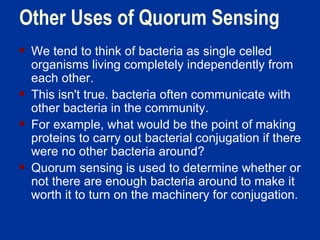 Other Uses of Quorum Sensing We tend to think of bacteria as single celled organisms living completely independently from each other.  This isn't true. bacteria often communicate with other bacteria in the community.  For example, what would be the point of making proteins to carry out bacterial conjugation if there were no other bacteria around?  Quorum sensing is used to determine whether or not there are enough bacteria around to make it worth it to turn on the machinery for conjugation. 