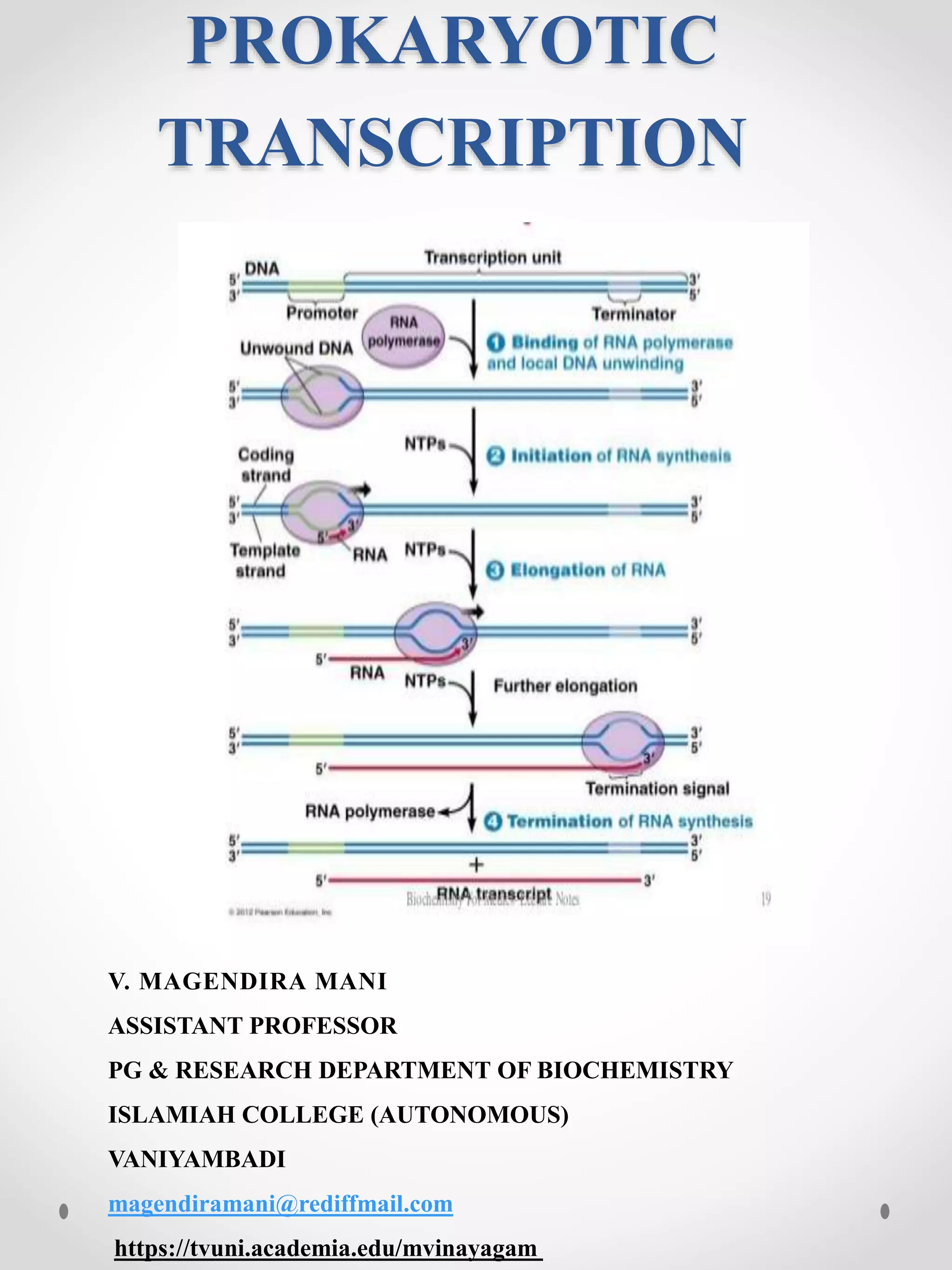 PROKARYOTIC
TRANSCRIPTION
V. MAGENDIRA MANI
ASSISTANT PROFESSOR
PG & RESEARCH DEPARTMENT OF BIOCHEMISTRY
ISLAMIAH COLLEGE (AUTONOMOUS)
VANIYAMBADI
magendiramani@rediffmail.com
https://tvuni.academia.edu/mvinayagam
 