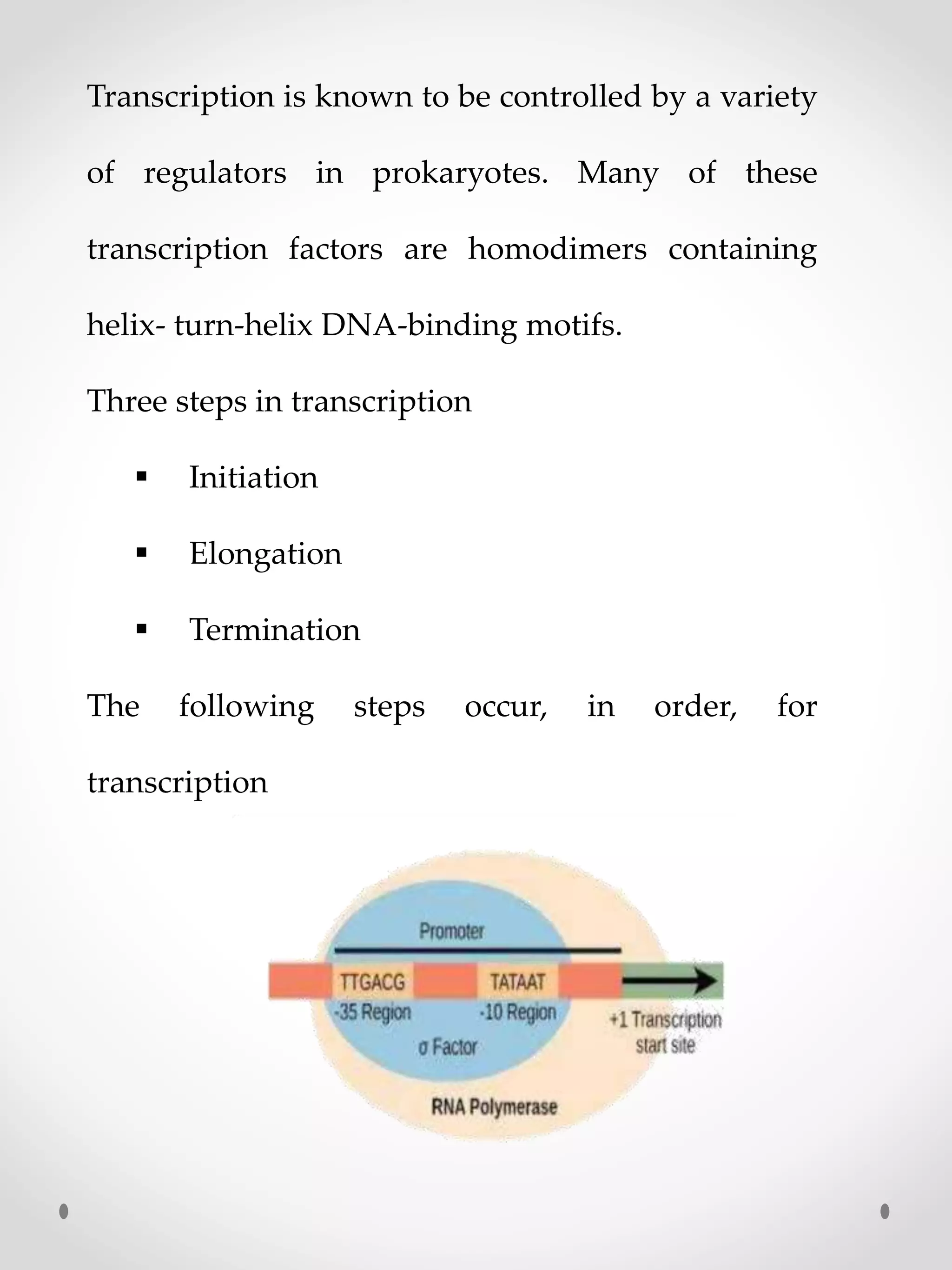 Transcription is known to be controlled by a variety
of regulators in prokaryotes. Many of these
transcription factors are homodimers containing
helix- turn-helix DNA-binding motifs.
Three steps in transcription
 Initiation
 Elongation
 Termination
The following steps occur, in order, for
transcription
 