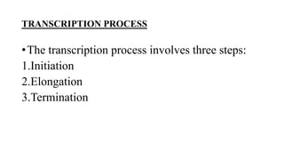 TRANSCRIPTION PROCESS
•The transcription process involves three steps:
1.Initiation
2.Elongation
3.Termination
 