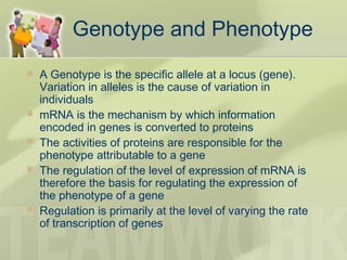 Genotype and Phenotype
 A Genotype is the specific allele at a locus (gene).
Variation in alleles is the cause of variation in
individuals
 mRNA is the mechanism by which information
encoded in genes is converted to proteins
 The activities of proteins are responsible for the
phenotype attributable to a gene
 The regulation of the level of expression of mRNA is
therefore the basis for regulating the expression of
the phenotype of a gene
 Regulation is primarily at the level of varying the rate
of transcription of genes
 
