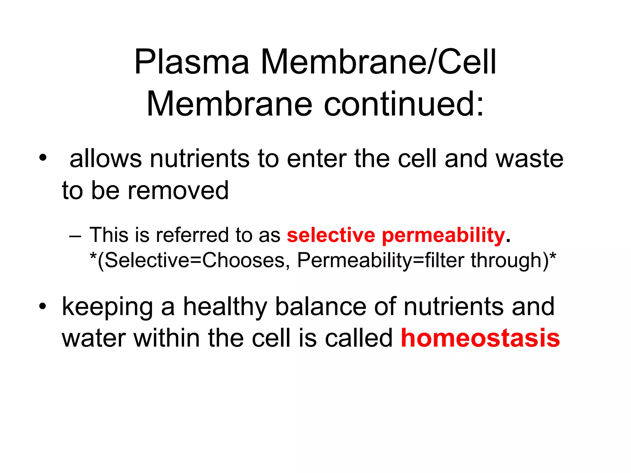 Plasma Membrane/Cell
Membrane continued:
• allows nutrients to enter the cell and waste
to be removed
– This is referred to as selective permeability.
*(Selective=Chooses, Permeability=filter through)*
• keeping a healthy balance of nutrients and
water within the cell is called homeostasis
 