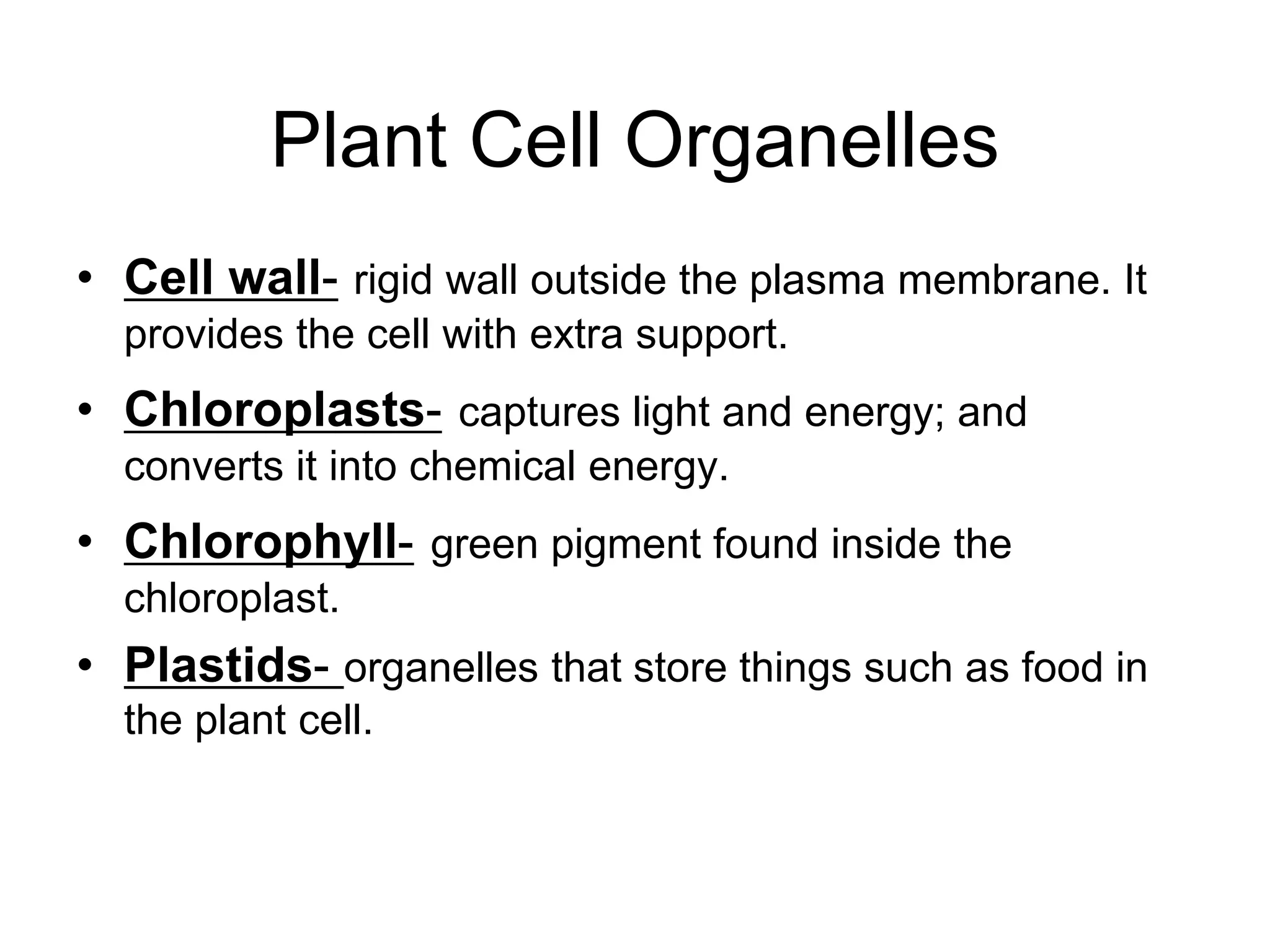 Plant Cell Organelles
• Cell wall- rigid wall outside the plasma membrane. It
provides the cell with extra support.
• Chloroplasts- captures light and energy; and
converts it into chemical energy.
• Chlorophyll- green pigment found inside the
chloroplast.
• Plastids- organelles that store things such as food in
the plant cell.
 