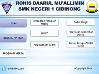 ROHIS DAARUL MU’ALLIMIN
SMK NEGERI 1 CIBINONG
HOME
KOORDINATOR
PROGRAM KERJA
@RohisDM_cbn ©Copyright 2014
Pengadaan Perala...