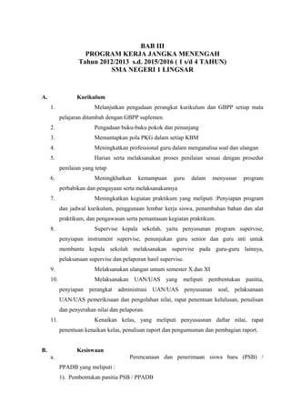 BAB III
PROGRAM KERJA JANGKA MENENGAH
Tahun 2012/2013 s.d. 2015/2016 ( 1 s/d 4 TAHUN)
SMA NEGERI 1 LINGSAR
A. Kurikulum
1. Melanjutkan pengadaan perangkat kurikulum dan GBPP setiap mata
pelajaran ditambah dengan GBPP suplemen.
2. Pengadaan buku-buku pokok dan penunjang
3. Memantapkan pola PKG dalam setiap KBM
4. Meningkatkan professional guru dalam menganalisa soal dan ulangan
5. Harian serta melaksanakan proses penilaian sesuai dengan prosedur
penilaian yang tetap
6. Meningkhatkan kemampuan guru dalam menyusun program
perbabikan dan pengayaan serta melaksanakannya
7. Meningkatkan kegiatan praktikum yang meliputi :Penyiapan program
dan jadwal kurikulum, penggunaan lembar kerja siswa, penambahan bahan dan alat
praktikum, dan pengawasan serta pemantauan kegiatan praktikum.
8. Supervise kepala sekolah, yaitu penyusunan program supervise,
penyiapan instrument supervise, penunjukan guru senior dan guru inti untuk
membantu kepala sekolah melaksanakan supervise pada guru-guru lainnya,
pelaksanaan supervise dan pelaporan hasil supervise.
9. Melaksanakan ulangan umum semester X dan XI
10. Melaksanakan UAN/UAS yang meliputi pembentukan panitia,
penyiapan perangkat administrasi UAN/UAS penyusunan soal, pelaksanaan
UAN/UAS pemerikisaan dan pengolahan nilai, rapat penentuan kelulusan, penulisan
dan penyerahan nilai dan pelaporan.
11. Kenaikan kelas, yang meliputi penyususnan daftar nilai, rapat
penentuan kenaikan kelas, penulisan raport dan pengumuman dan pembagian raport.
B. Kesiswaan
a. Perencanaan dan penerimaan siswa baru (PSB) /
PPADB yang meliputi :
1). Pembentukan panitia PSB / PPADB
 