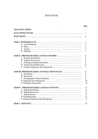 DAFTAR ISI
Hal.
HALAMAN JUDUL
KATA PENGANTAR ………………………………………………………………… i
DAFTAR ISI ………………………………………………………………………...... ii
BAB I. PENDAHULUAN …………………………………………………………… 1
A. Latar Belakang ………………………………………………………….... 1
B. Dasar ……………………………………………………………………… 2
C. Tujuan ……………………………………………………………………. 3
D. Manfaat …………………………………………………………………… 3
BAB II. PROGRAM KERJA JANGKA PENDEK ………………………………. 4
A. Program Kurikulum………………………………………………………. 4
B. Program Kesiswaan ..…………………………………………………….. 4
C. Hubungan dengan Masyarakat .......………………………………………. 6
D. Program Ketetalaksanaan .……………………………………………….. 6
E. Program Organisasi dan Manajemen ........................................................... 7
BAB III. PROGRAM KERJA JJANGKA MENENGAH ....................................... 8
A. Kurikulum ………………………………………………………………... 8
B. Kesiswaan ……………………………………………………………….... 8
C. Perlengkapan/ Sarana Prasarana ………………………………………...... 9
D. Organisasi dan Manajemen ……………………………………………...... 10
E. Hubungan Masyarakat …………………………………………………….. 10
BAB IV. PROGRAM KERJA JANGKA PANJANG …………………………….. 11
A. Bidang Kurikulum .……………………………………………………….. 11
B. Bidang Kesiswaan .……………………………………………………….. 11
C. Bidang Humas .................................…………………………………….... 11
D. Ketatalaksanaan ...................………………………………………………. 11
E. Program Organisasi dan Manajemen ……………………………………… 11
BAB V. PENUTUP ………………………………………………………………….. 12
 