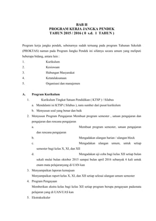 BAB II
PROGRAM KERJA JANGKA PENDEK
TAHUN 2015 / 2016 ( 0 s.d. 1 TAHUN )
Program kerja jangka pendek, sebenarnya sudah tertuang pada program Tahunan Sekolah
(PROKTAS) namun pada Program Jangka Pendek ini sifatnya secara umum yang meliputi
beberapa bidang, antara lain :
1. Kurikulum
2. Kesiswaan
3. Hubungan Masyarakat
4. Ketatalaksanaan
5. Organisasi dan manajemen
A. Program Kurikulum
1. Kurikulum Tingkat Satuan Pendidikan ( KTSP ) / Silabus
a. Mendalami isi KTSP ( Silabus ), nara sumber dari pusat kurikulum
b. Menyusun soal yang benar dan baik
2. Menyusun Program Pengajaran Membuat program semester , satuan pengajaran dan
pengajaran dan rencana pengajaran
a. Membuat program semester, satuan pengajaran
dan rencana pengajaran
b. Mengadakan ulangan harian / ulangan block
c. Mengadakan ulangan umum, untuk setiap
semester bagi kelas X, XI, dan XII
d. Mengadakan uji coba bagi kelas XII setiap bulan
sekali mulai bulan oktober 2015 sampai bulan april 2016 sebanyak 6 kali untuk
enam mata pelajaranyang di UAN kan
3. Menyampaikan laporan kemajuan
Menyampaikan raport kelas X, XI, dan XII setiap selesai ulangan umum semester
4. Program Pengayaan
Memberikan ekstra kelas bagi kelas XII setiap program berupa pengayaan padamata
pelajaran yang di UAN/UAS kan
5. Ekstrakuikuler
 