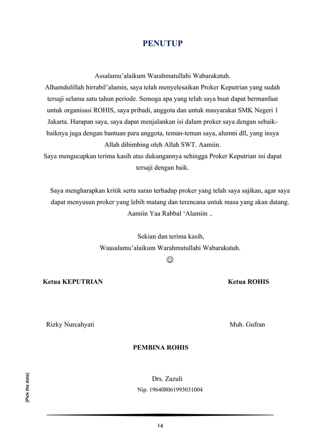 Proker Keputrian Rohis SMK Negeri 1 Jakarta | DOCX