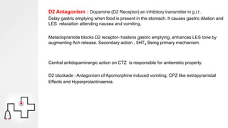 D2 Antagonism : Dopamine (D2 Receptor) an inhibitory transmitter in g.i.t .
Delay gastric emptying when food is present in the stomach. It causes gastric dilation and
LES relaxation attending nausea and vomiting.
Metaclopramide blocks D2 receptor- hastens gastric emptying, enhances LES tone by
augmenting Ach release. Secondary action , 5HT4 Being primary mechanism.
Central antidopaminergic action on CTZ is responsible for antiemetic property.
D2 blockade : Antagonism of Apomorphine induced vomiting, CPZ like extrapyramidal
Effects and Hyperprolactinaemia.
 