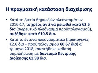 Η πραγματική κατάσταση διαχείρισης
• Κατά τη διετία θηριωδών πλεονασμάτων
2016-17, το χρέος αντί να μειωθεί κατά €2.5
δισ (σωρευτικό πλεόνασμα προϋπολογισμού),
αυξήθηκε κατά €10.5 δισ.
• Κατά το έντονα πλεονασματικό (πρωτογενές
€2.6 δισ – προϋπολογισμού €0.67 δισ) α’
τρίμηνο 2018, απαιτήθηκε καθαρή
συμπλήρωση με δανεισμό Κεντρικής
Διοίκησης €1.98 δισ.
 