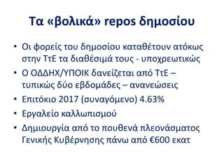Τα «βολικά» repos δημοσίου
• Οι φορείς του δημοσίου καταθέτουν ατόκως
στην ΤτΕ τα διαθέσιμά τους - υποχρεωτικώς
• Ο ΟΔΔΗΧ/ΥΠΟΙΚ δανείζεται από ΤτΕ –
τυπικώς δύο εβδομάδες – ανανεώσεις
• Επιτόκιο 2017 (συναγόμενο) 4.63%
• Εργαλείο καλλωπισμού
• Δημιουργία από το πουθενά πλεονάσματος
Γενικής Κυβέρνησης πάνω από €600 εκατ
 
