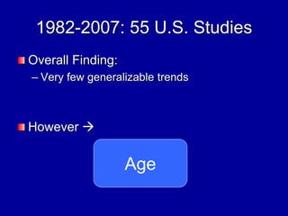 1982-2007: 55 U.S. Studies
Overall Finding:
– Very few generalizable trends
However 
Age
 