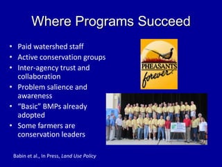 Where Programs Succeed
• Paid watershed staff
• Active conservation groups
• Inter-agency trust and
collaboration
• Problem salience and
awareness
• “Basic” BMPs already
adopted
• Some farmers are
conservation leaders
Babin et al., In Press, Land Use Policy
 