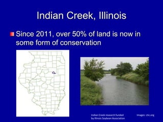 Indian Creek, Illinois
Since 2011, over 50% of land is now in
some form of conservation
Images: ctic.orgIndian Creek research funded
by Illinois Soybean Association
 