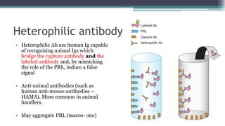 Heterophilic antibody
• Heterophilic Ab are human Ig capable
of recognizing animal Igs which
bridge the capture antibody and the
labeled antibody and, by mimicking
the role of the PRL, induce a false
signal
• Anti-animal antibodies (such as
human anti-mouse antibodies –
HAMA). More common in animal
handlers.
• May aggregate PRL (macro- one)
 