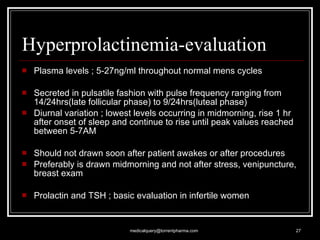 Hyperprolactinemia-evaluation Plasma levels ; 5-27ng/ml throughout normal mens cycles Secreted in pulsatile fashion with pulse frequency ranging from 14/24hrs(late follicular phase) to 9/24hrs(luteal phase) Diurnal variation ; lowest levels occurring in midmorning, rise 1 hr after onset of sleep and continue to rise until peak values reached between 5-7AM Should not drawn soon after patient awakes or after procedures Preferably is drawn midmorning and not after stress, venipuncture, breast exam Prolactin and TSH ; basic evaluation in infertile women [email_address] 