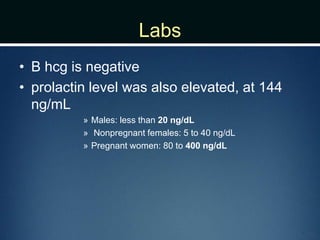 Labs
• B hcg is negative
• prolactin level was also elevated, at 144
ng/mL
» Males: less than 20 ng/dL
» Nonpregnant females: 5 to 40 ng/dL
» Pregnant women: 80 to 400 ng/dL
 