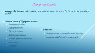 Hypoprolactinemia
⯈ Hypoprolactinemia - decreased prolactin hormone secretion by the anterior pituitary
gland.
⯈ Commoncausesof Hypoprolactinemia:
 Sheehan’ssyndrome
 Hypopituitarism
 Excessdopamine
 Autoimmunedisease
 Growth hormonedeficiency
 Head injury
 Infection
⯈ Symptoms:
 Ovarian diseases,delayedpuberty and infertility.
 Impotenceand abnormal spermatogenesis.
 